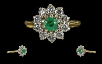 Ladies - Pleasing Quality 18ct Gold Emerald and Diamond Set Ring. Flower head Design. Full
