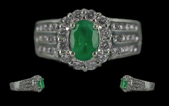 Ladies - Excellent 18ct White Gold Contemporary Emerald and Diamond Set Ring. Marked 18ct to