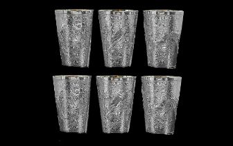 Chinese Export - Excellent Quality Silver Set of Six Dragon Tot Cups, All Planished with Gilt