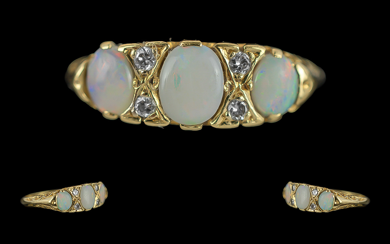 Antique Period Attractive 18ct Gold Opal and Diamond Set Ring. Ornate Raised Setting, Marked 18ct to