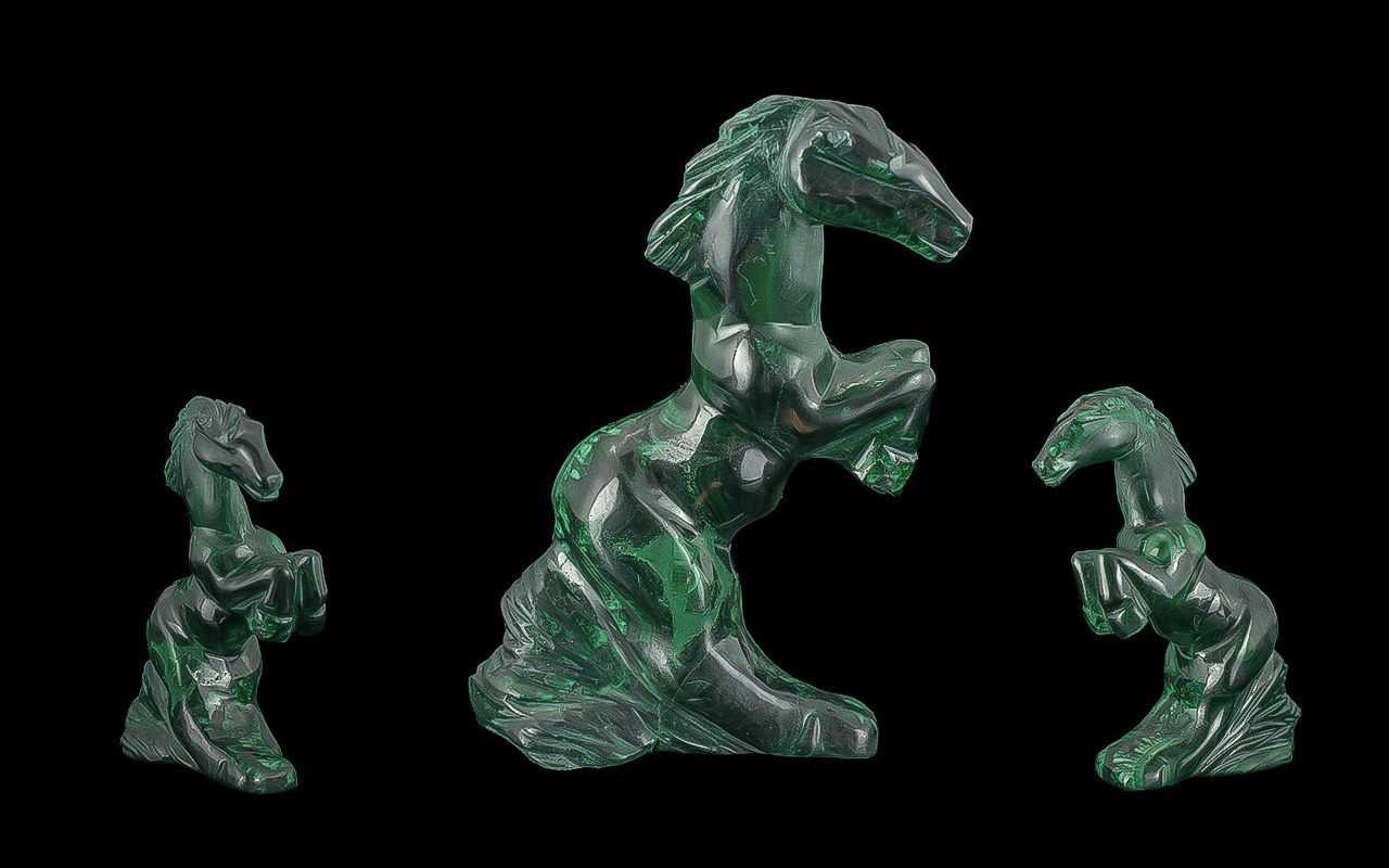 Genuine Malachite Horse Carving, this beautiful hand-carved malachite rearing horse stands easily on