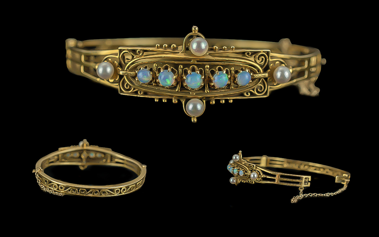 Victorian Period 1837 - 1901 14ct Gold Ornate Openwork Opal and Pearl Set Hinged Bangle of