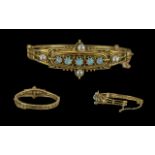 Victorian Period 1837 - 1901 14ct Gold Ornate Openwork Opal and Pearl Set Hinged Bangle of