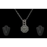 Ladies Attractive 9ct White Gold Diamond Set Pendant Drop - With Attached 9ct White Gold Chain. Both