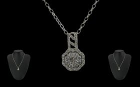 Ladies Attractive 9ct White Gold Diamond Set Pendant Drop - With Attached 9ct White Gold Chain. Both