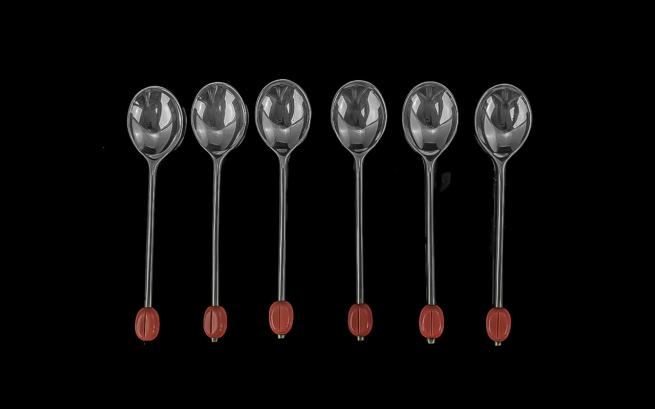 Set of Six Silver Coffee Spoons, with coral bean terminals. Fully hallmarked, Sheffield T. In fitted