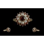 Ladies Attractive 9ct Gold Pearl and Garnet Set Ring - Flower Head design.