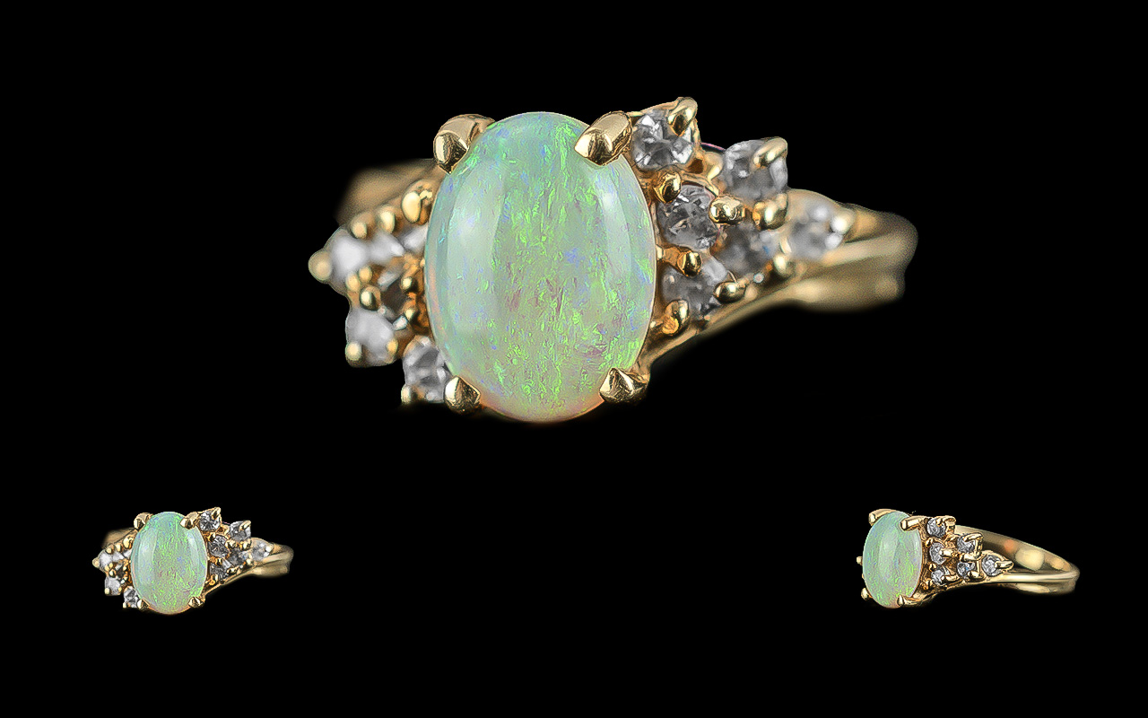 Ladies 14ct Gold Attractive Opal and Diamond Set Ring, marked 14ct to shank,