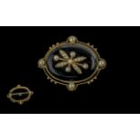 Victorian Period 15ct Gold Black Enamel and Seed Pearl Set Brooch. Marked 15ct. The Brooch In Very