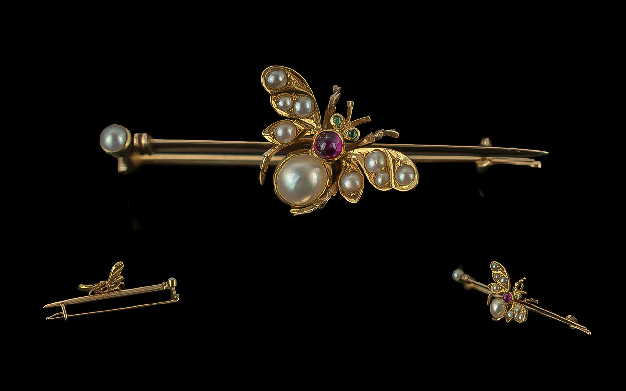 Antique Period Novelty 15ct Gold Insect Brooch - Set With Ruby, Emeralds and Seed Pearls.