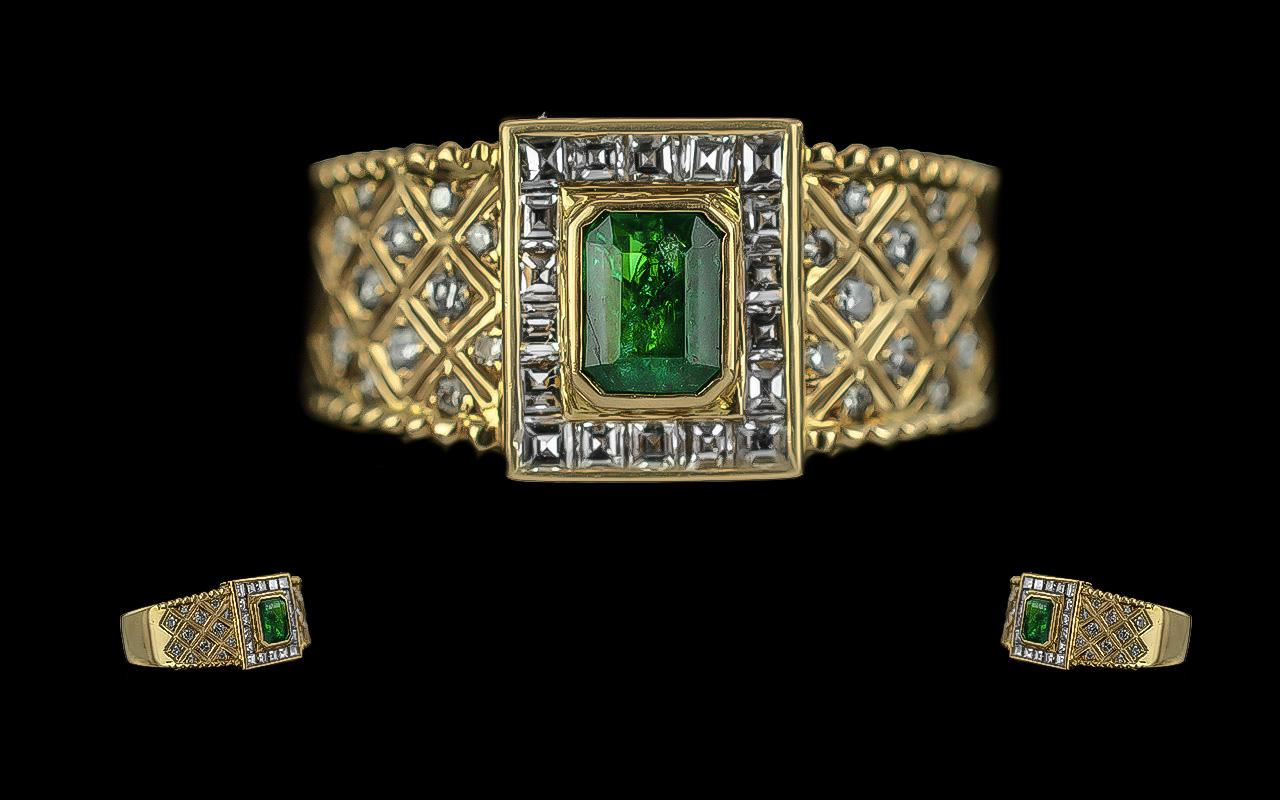 18ct Gold Excellent Quality Diamond and Emerald Set Ring, not marked but tests high carat gold,