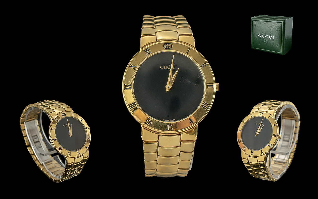 Gucci - Expensive Looking Gents or Ladies Gold Plated Wrist Watch with Signed Black Dial, Gold