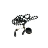 Black Jet Mourning Set, comprising necklace, earrings and brooch.