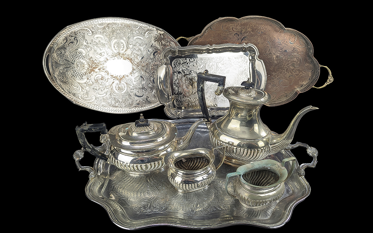 Box of Plated Ware, comprising a coffee pot, a tea pot, milk jug, sugar bowl and galleried tray.