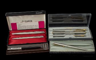 A Collection of Parker Vintage Pens (10) in total. To include a pen set, silver toned pens and a