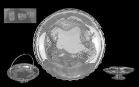 Chinese Export - Silver Pedestal Bowl with Swing Handle Decorated with Chased Image of 4 Claw Dragon