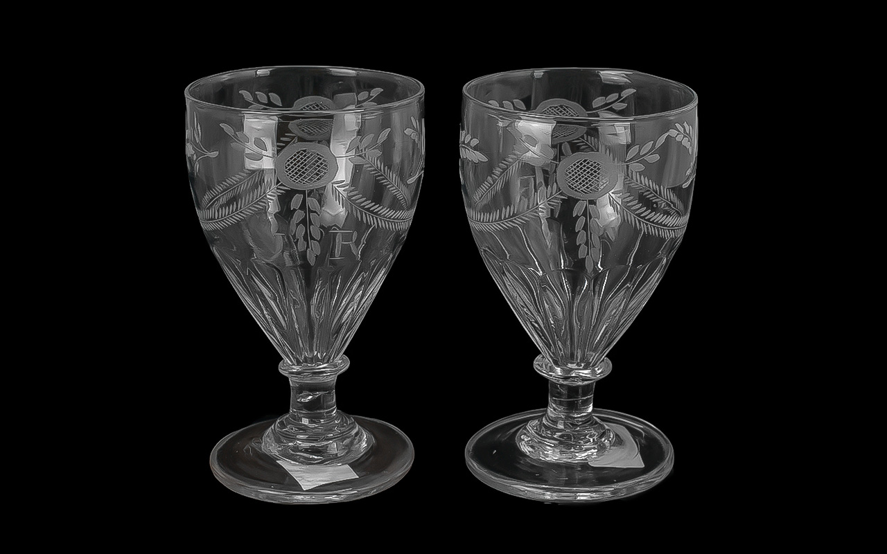 Pair of Victorian Hand Blown Wine Glasses, engraved with festoons and initialled JR.