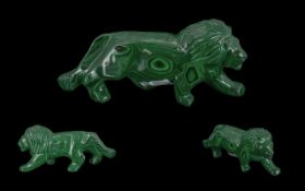 Genuine Malachite Lion Carving, this beautiful hand-carved malachite lion stands easily on its