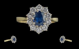 Ladies - Pleasing Quality 18ct Gold Diamond and Blue Sapphire Set Cluster Ring. Full Hallmark for