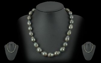 Tietzian Heritier Tahiti-ZP Pearl Necklace, Tahitian silver grey pearl necklace, 25 cultured