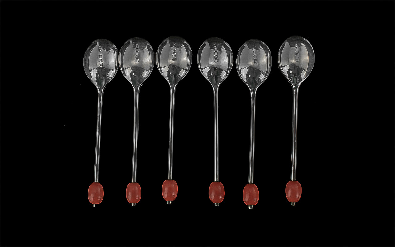 Set of Six Silver Coffee Spoons, with coral bean terminals. Fully hallmarked, Sheffield T. In fitted - Image 2 of 2