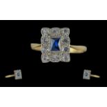 Antique Period - Attractive 18ct Gold Sapphire and Diamond Set Cluster Ring of Rectangular Form.