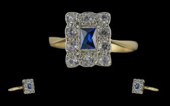 Antique Period - Attractive 18ct Gold Sapphire and Diamond Set Cluster Ring of Rectangular Form.