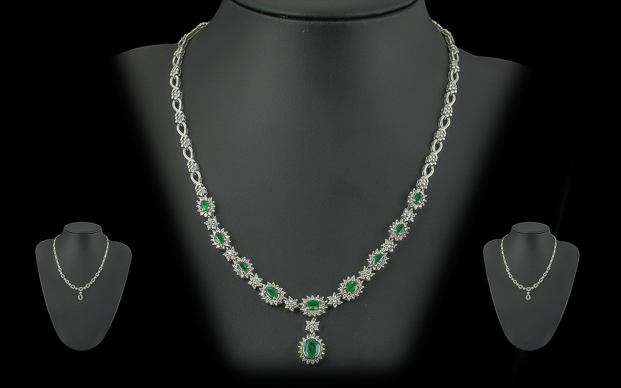 Ladies - Stunning 18ct White Gold Diamond and Emeralds Set Necklace of Excellent Quality / Design. - Image 3 of 3