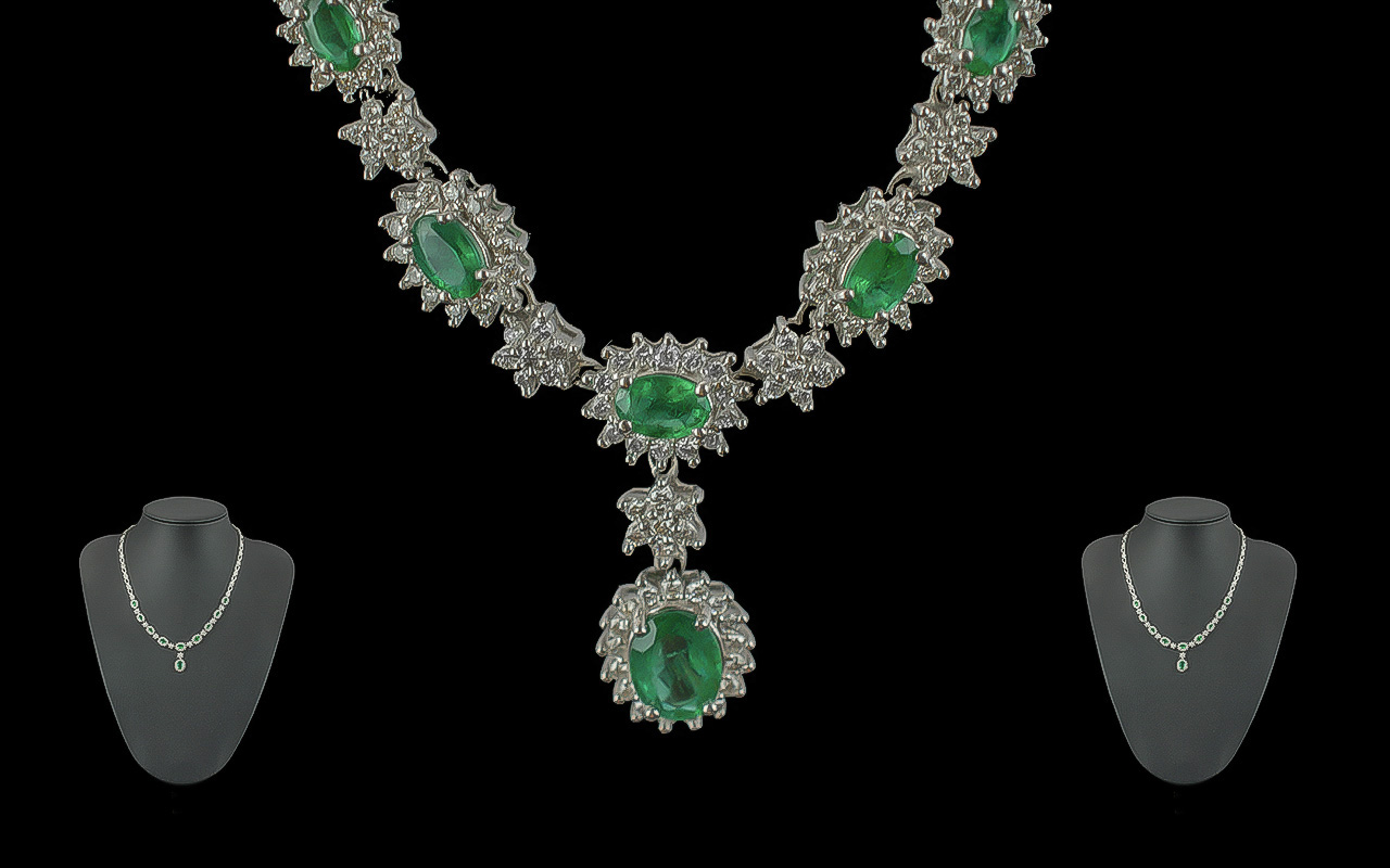Ladies - Stunning 18ct White Gold Diamond and Emeralds Set Necklace of Excellent Quality / Design. - Image 2 of 3