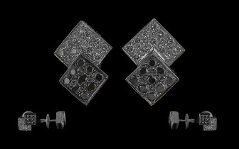 Pair Of 18ct White Gold Diamond Earrings, Of Square Form Set With Modern Round Cut Black And White