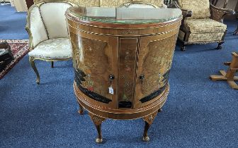 Chinoiserie Decorated Glass Top Bow Fronted Walnut Cocktail Cabinet, glass interior shelf, short