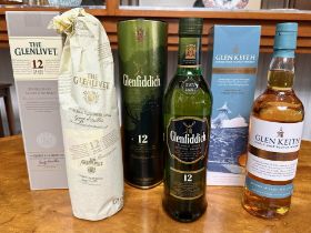 Three Bottles of Boxed Whisky, comprising Glenfiddich 12 Year Old Single Malt, Glenlivet 12 year old