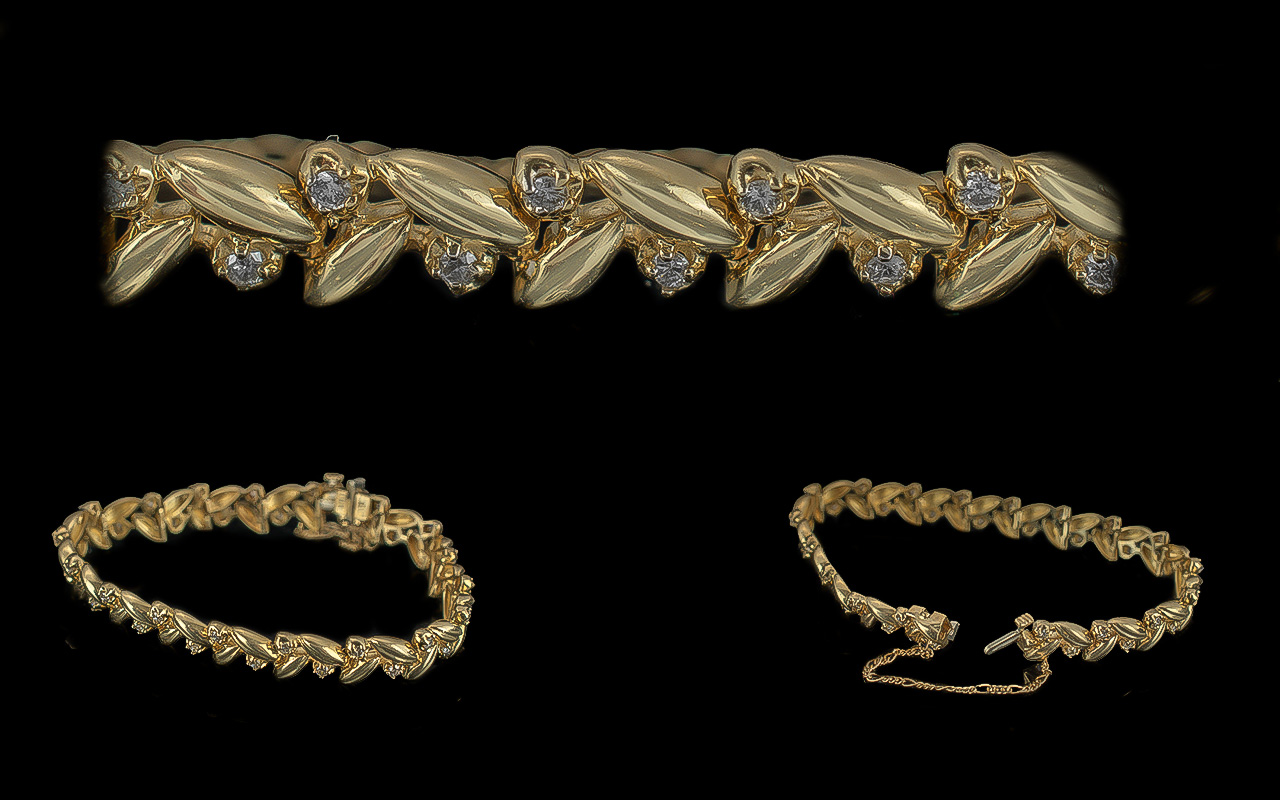 Ladies Pleasing Quality 14ct Gold Diamond Set Bracelet of excellent design, the diamonds of good