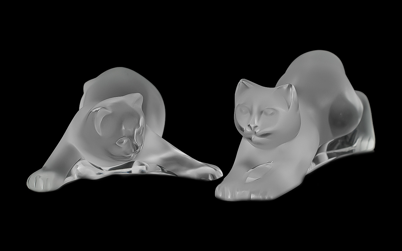 Lalique - Signed Pair of Frosted Glass Cat Figures ( 2 ) Signed to Bases ' Lalique ' Both Figures