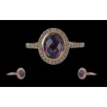 Ladies Exquisite and Quality 18ct Gold Amethyst and Diamond Set Dress Ring - Full Hallmark To