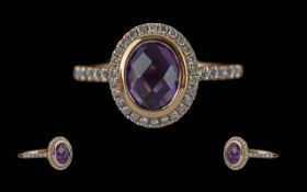 Ladies Exquisite and Quality 18ct Gold Amethyst and Diamond Set Dress Ring - Full Hallmark To