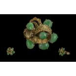 Ladies - Large / Impressive 14ct Gold Jade Stone Set Cluster Ring, With Naturalistic Setting, Marked