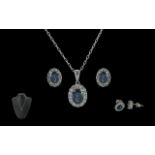 18ct White Gold Superior Quality Sapphire And Diamond Set Cluster Pendant Drop - With Attached