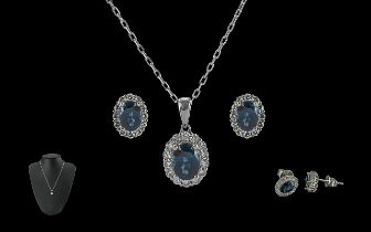 18ct White Gold Superior Quality Sapphire And Diamond Set Cluster Pendant Drop - With Attached