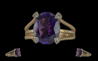 Ladies - Pleasing 9ct Gold Amethyst and Diamond Set Ring. Full Hallmark to Interior of Shank. The