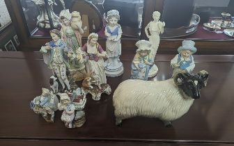 Box of Assorted Pottery & Porcelain Figures, comprising a large Coopercraft ram, Coalport 'Moonlight