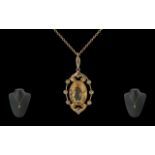 Antique Period - Attractive 9ct Gold Citrine and Seed Pearl Open Worked Pendant with Attached 9ct