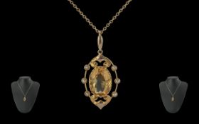 Antique Period - Attractive 9ct Gold Citrine and Seed Pearl Open Worked Pendant with Attached 9ct