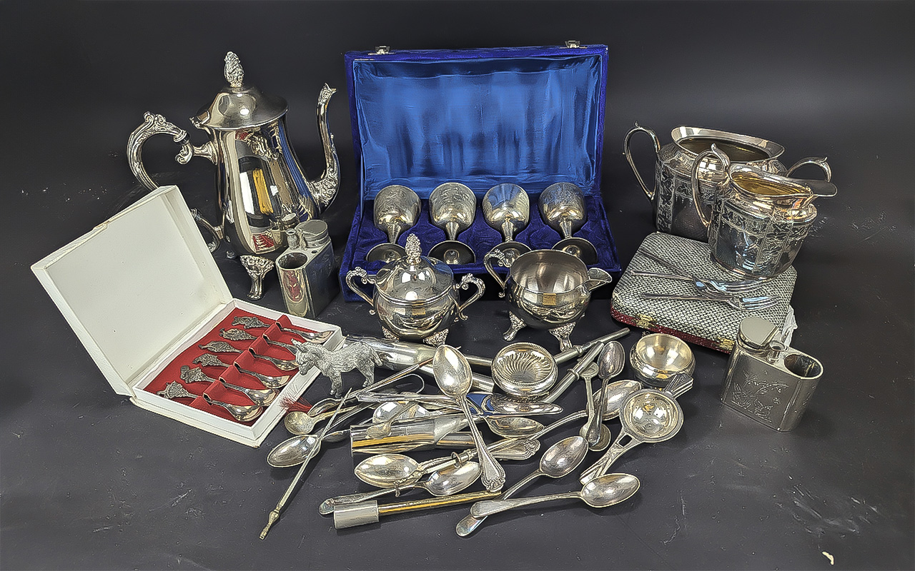 Collection of Plated Ware Items, including tea pot, coffee pot, sugar bowl, milk jug, boxed goblets,