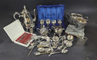 Collection of Plated Ware Items, including tea pot, coffee pot, sugar bowl, milk jug, boxed goblets,