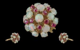 Ladies 14ct Gold Opal and Garnet Set Cluster Ring. Marked 14ct to Shank. The Well Matched Opals of