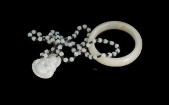 White Jade Pendant & Bangle - Together With Eight Natural Agate Eye Beads, each one approx. 1'' in