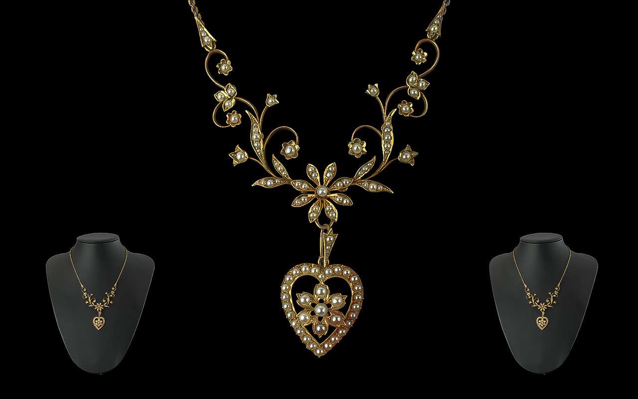 Victorian Period 1837 - 1901 15ct Gold Seed Pearl Set Necklace, Exquisite Design. Well Matched