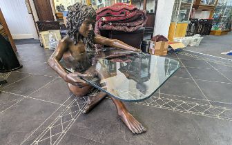 Jonathan Wylder Patinated Bronze Naked Female Figure Table with glass top, depicts a naked lady