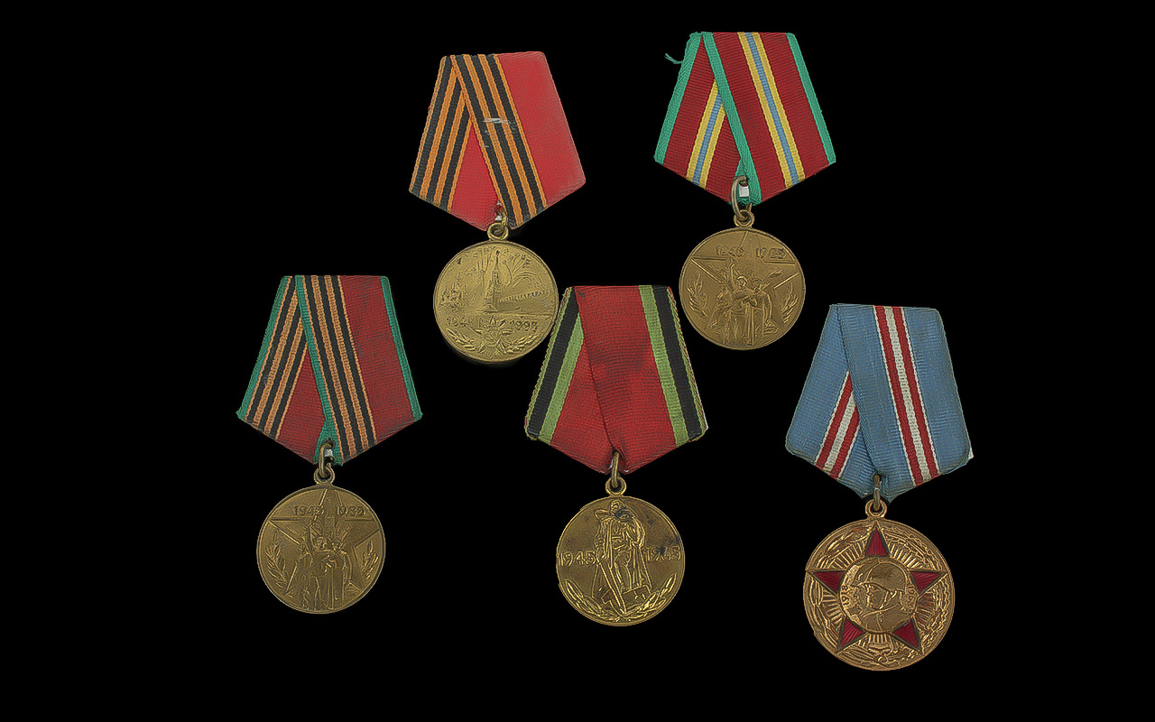 Collection of Five Russian Medals, with ribbons.